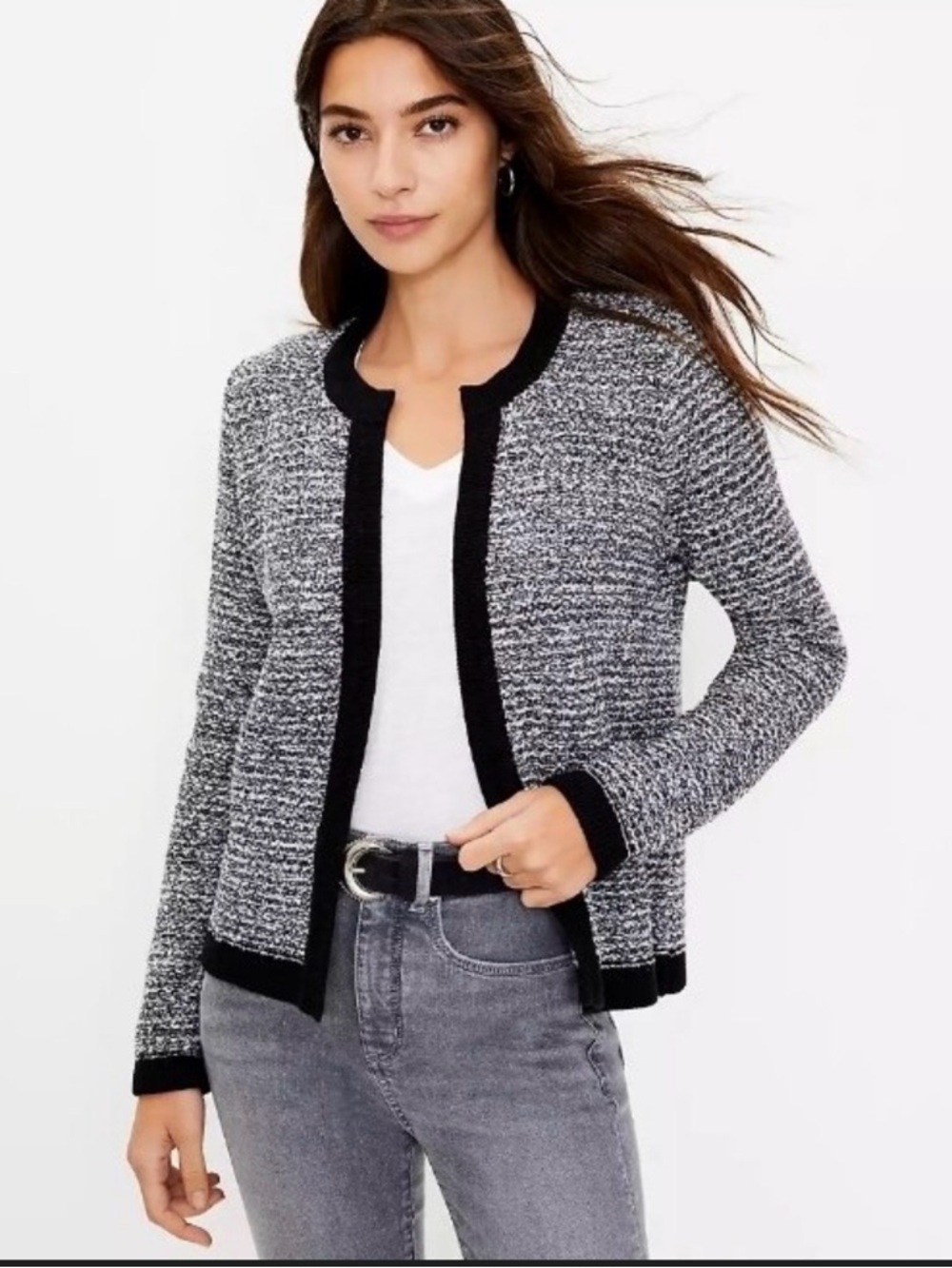 Loft (XS) Black Trim Grey Knit Open Cardigan
